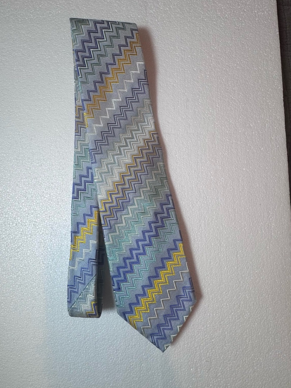 Missoni Silk Zigzag Tie in Light Blue, Yellow, Purple, and Green